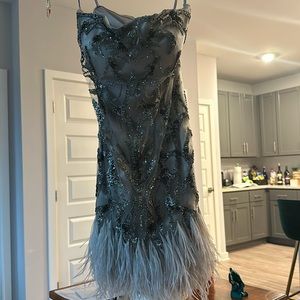 Gorgeous silver dress with grey feathers and beaded details